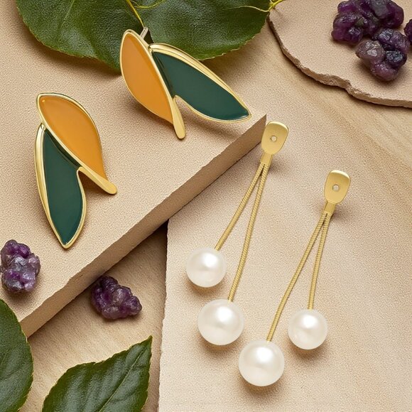 🆕️ Sparkling Leaf Dangle Pearl Drop Earrings 🍃 | Trendy Jewelry Design ✨ - Picture 7 of 12